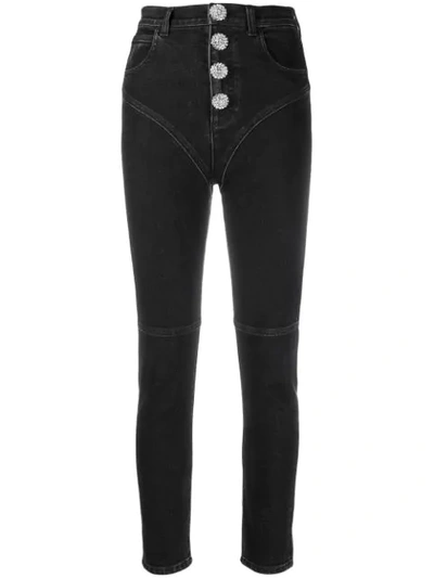 Alessandra Rich High Waisted Crystal Button Stirrup Jean In Black