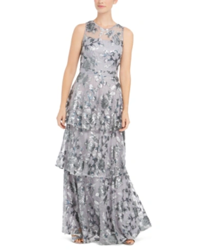 Calvin Klein Embellished Tiered Gown In Smoke/silver