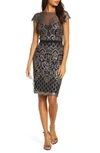 Tadashi Shoji Illusion Sequined Lace Midi Dress In Dark Pearl/ Black