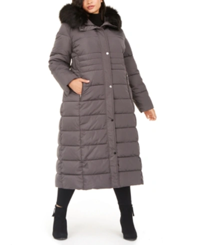 Calvin Klein Plus Size Faux-fur-trim Hooded Maxi Puffer Coat In Titan