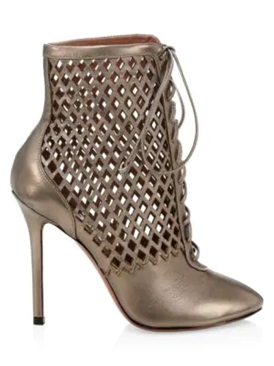 Alaïa Metallic Leather Cage Booties In Argent Brosse