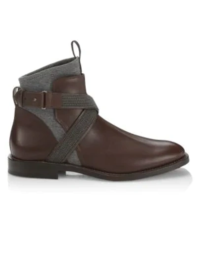 Brunello Cucinelli Lissato Monili-trimmed Leather Ankle Boots In Espresso