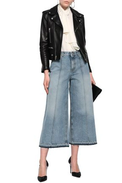 Alexander Mcqueen Woman Leather-trimmed Faded High-rise Wide-leg Jeans Light Denim In Blue
