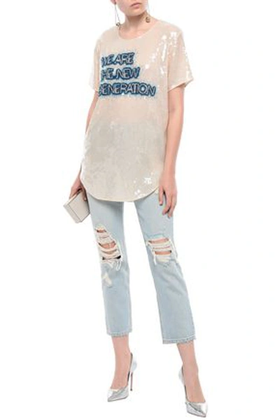Balmain Woman Crystal-embellished Sequined T-shirt Beige In Neutrals
