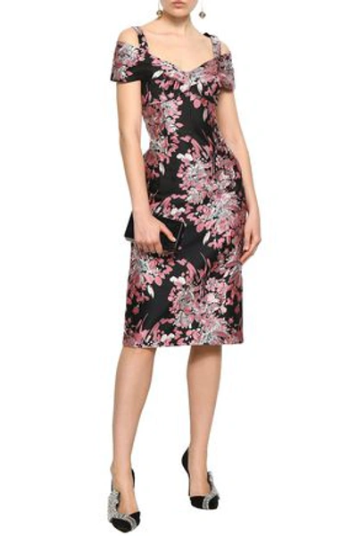 Dolce & Gabbana Cold-shoulder Metallic Floral-jacquard Midi Dress In Black