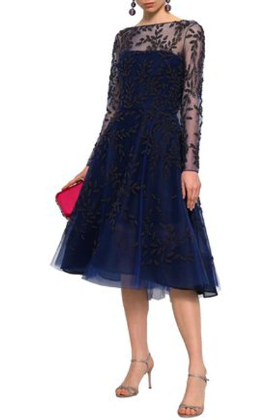 Oscar De La Renta Flared Embellished Tulle Midi Dress In Blue