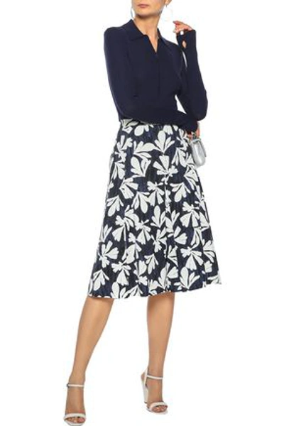 Oscar De La Renta Woman Pleated Floral-print Stretch-cotton Twill Skirt Navy