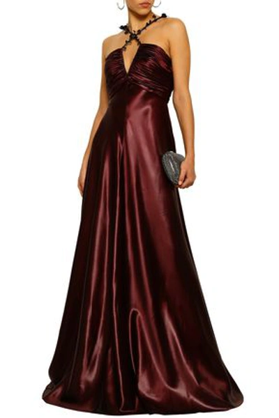 Roberto Cavalli Open-back Sequin-embellished Ruched Satin Gown In Burgundy