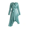 PAISIE Satin Wrap Dress With Frills & Self Belt In Teal