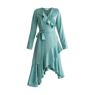 Paisie Satin Wrap Dress With Frills And Self Belt In Teal