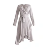 PAISIE Satin Wrap Dress With Frills & Self Belt In Silver