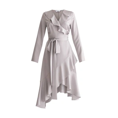 Paisie Satin Wrap Dress With Frills And Self Belt In Silver