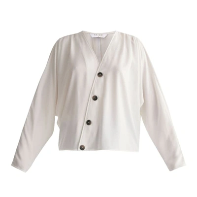 Paisie Batwing Blouse With Ruched Shoulders And Diagonal Buttons In White