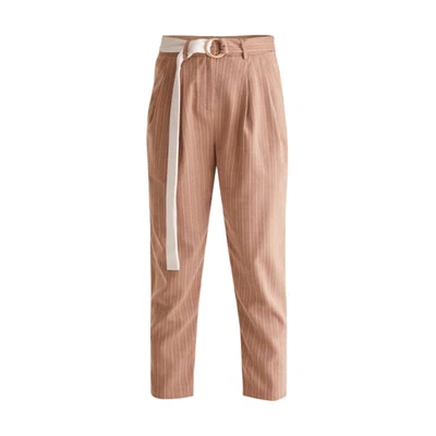 Paisie Striped Peg Leg Trousers With Contrasting O-ring Belt In Sand And White