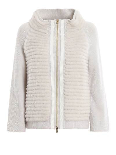 Herno Real Fur Front Wool And Cashmere Cardigan In White