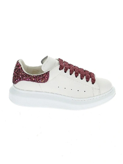Alexander Mcqueen 'oversized Sneaker' In Leather With Coarse Glitter Collar In White / Rose