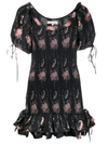 Loveshackfancy Violet Smocked Ruffled Floral-print Silk-voile Mini Dress In Black