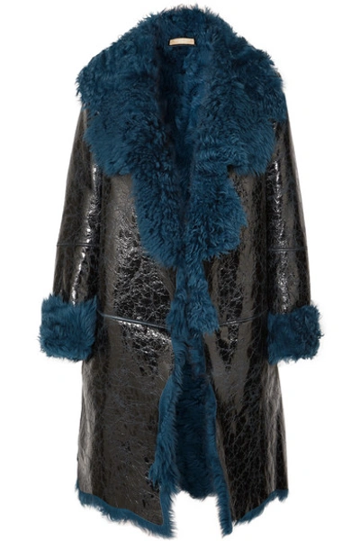 Michael Kors Shearling-lined Glossed Cracked-leather Coat In Blue