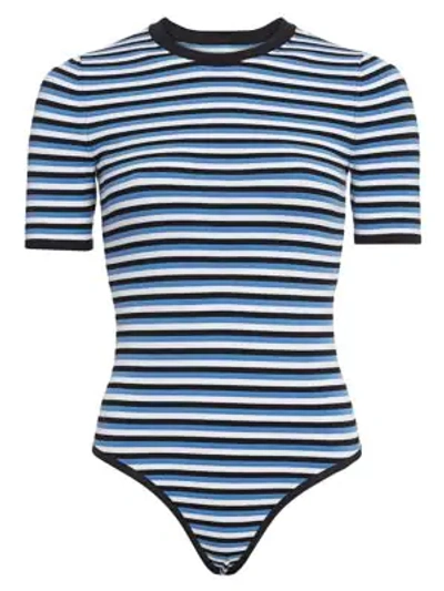 Michael Kors Striped Stretch-viscose Short-sleeve Bodysuit In Blue