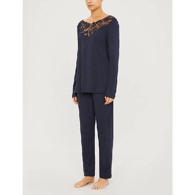 Hanro Floral Lace-trimmed Cotton-jersey Pyjama Set In Major Blue