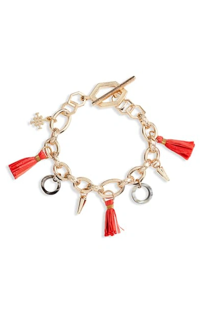 Akola Raffia Tassel & Horn Charm Bracelet In Red