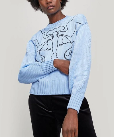 Vivetta Embroidered Face Knit Sweater In Celeste