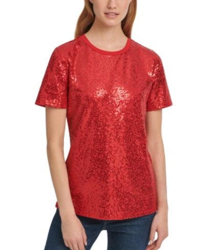 Dkny Women's Sequin Crew Neck Tee - In Red