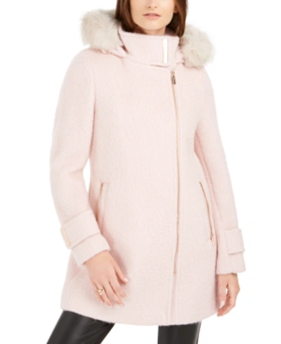 Calvin Klein Faux-fur-trim Hooded Asymmetrical Coat In Pink Boucle