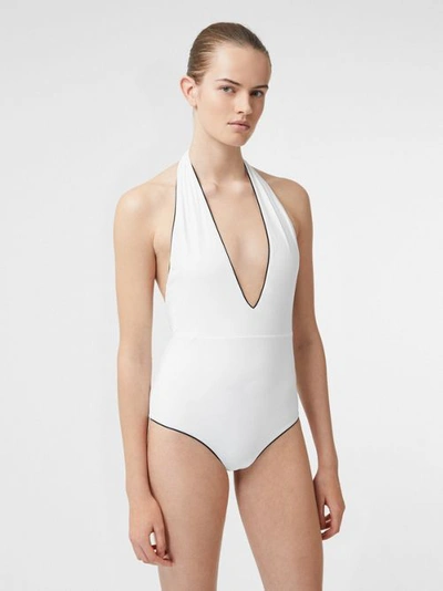 Burberry Piping Detail Halterneck Swimsuit In Off White