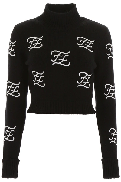 Fendi Logo Embroidered Crop Wool & Cashmere Sweater In Black