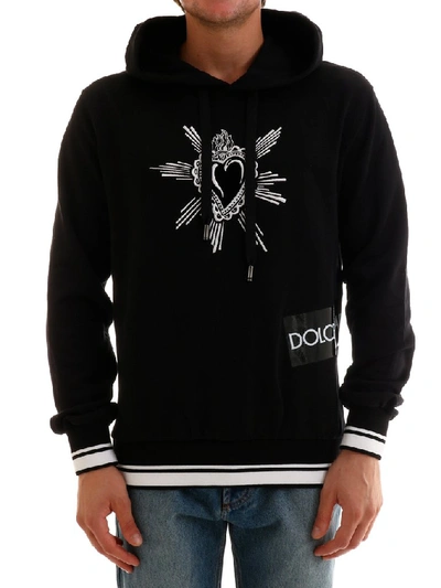 Dolce & Gabbana Velvet Heart-embroidered Cotton Hooded Sweatshirt In Black