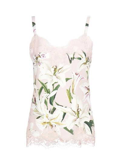 Dolce & Gabbana Lily-print Charmeuse Lingerie Top With Lace In Multi