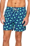 Tom & Teddy Palm Tree Print Swim Trunks In Navy/ Spring Green