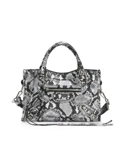 Balenciaga Mini City Snakeskin-embossed Leather Satchel In Zinc