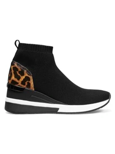Michael Michael Kors Skylar Leopard-print Calf Hair & Mixed Media Sneaker Booties In Black Multi