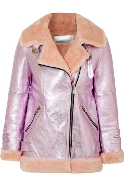 The Mighty Company The Hayle Shearling-trimmed Metallic Leather Bomber Jacket In Pink