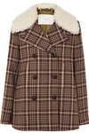 ADAM LIPPES SHEARLING-TRIMMED CHECKED WOVEN COAT