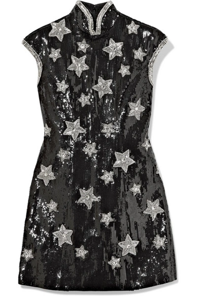 Andrew Gn Embellished Sequined Silk-blend Georgette Mini Dress In Black