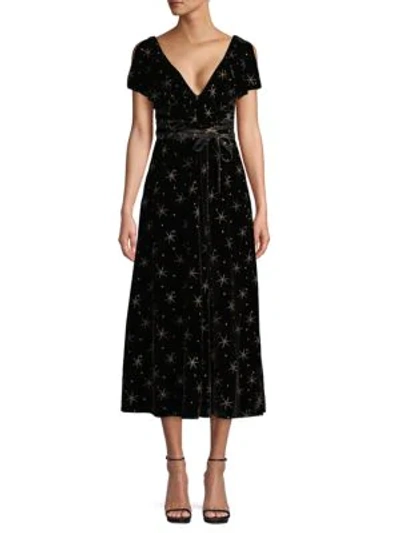 Valentino Star Embroidery Velvet Flare Midi Dress In Nero