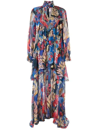 Peter Pilotto Crystal-embellished Ruffled Floral-print Silk-georgette Maxi Dress In Blue