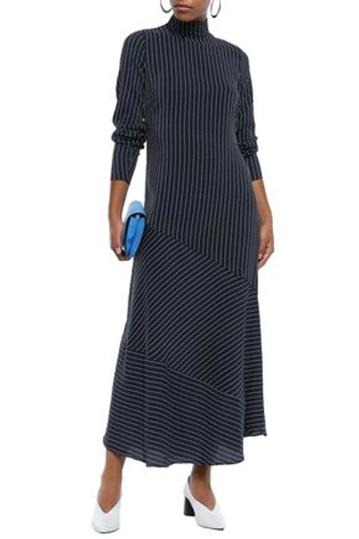 Ganni Woman Lynch Pinstriped Silk blend Seersucker Midi Dress Midnight Blue ModeSens