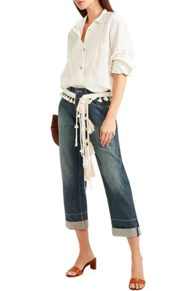 Loewe Cropped Rope-trimmed Faded Boyfriend Jeans In Mid Denim