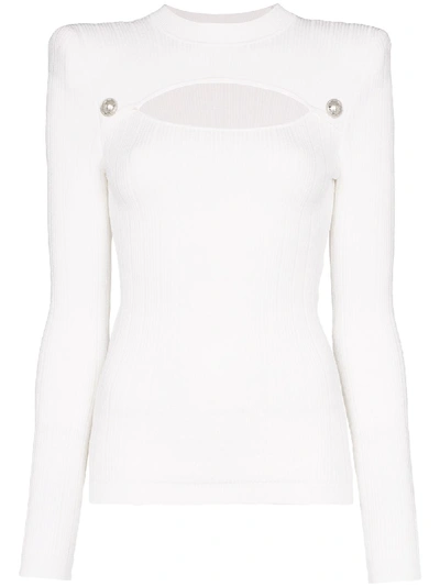 Balmain Button-embellished Cutout Ribbed-knit Top In White