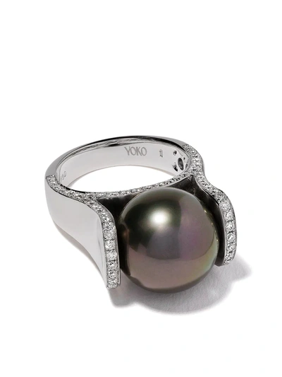 Yoko London 18kt White Gold Twilight Tahitian Pearl And Diamond Ring In 7