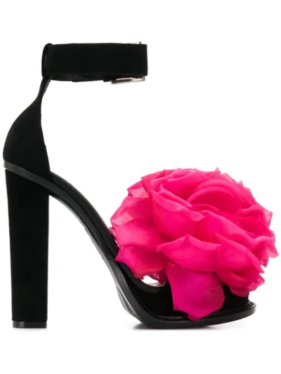 Alexander Mcqueen Flower Appliqué Sandals In Black