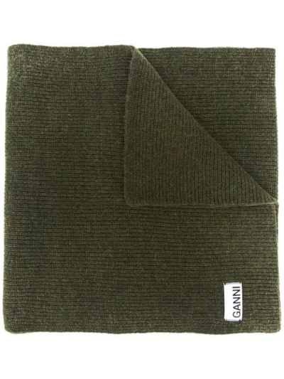 Ganni Logo Patch Knit Scarf In Grey