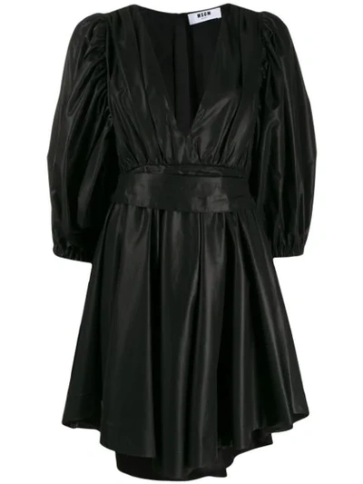 Msgm Plunging Puff-sleeve Belted Mini Dress In Black