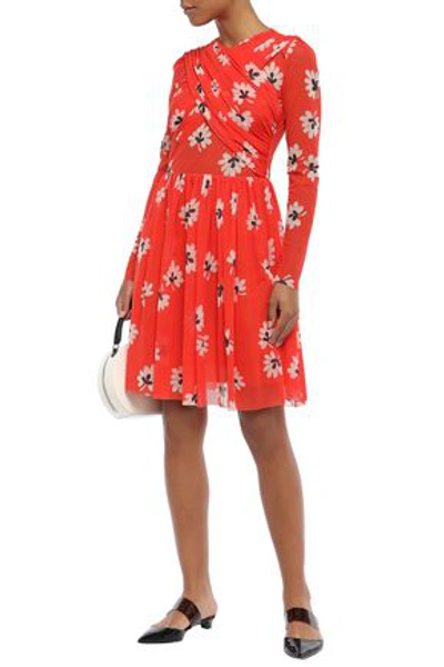 Ganni Gathered Floral-print Mesh Dress In Tomato Red
