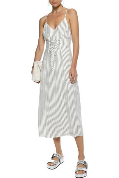 J Brand Lace-up Striped Jacquard Midi Dress In Off-white