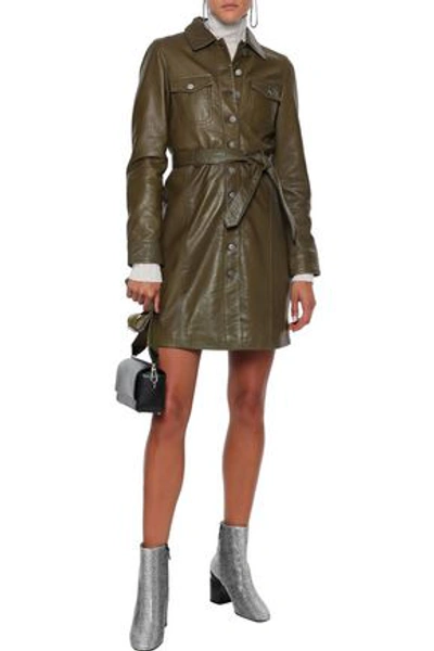 Muubaa Belted Leather Mini Shirt Dress In Army Green